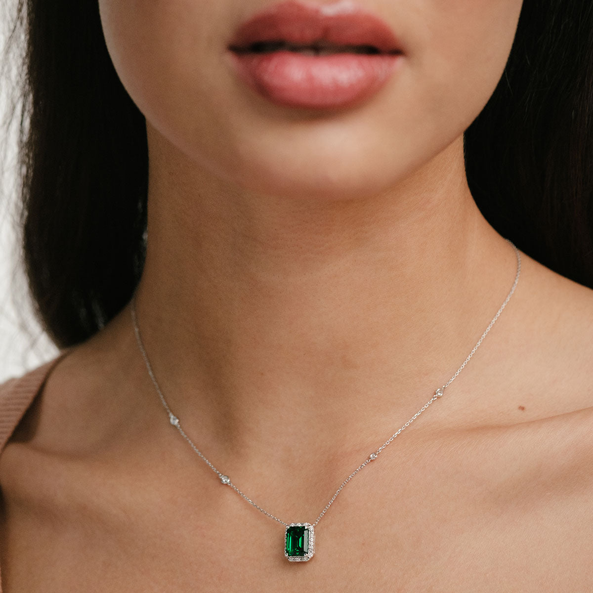 Astra 1.50ct Lab Emerald and Diamond Halo Octagon Cut Necklace in Silver